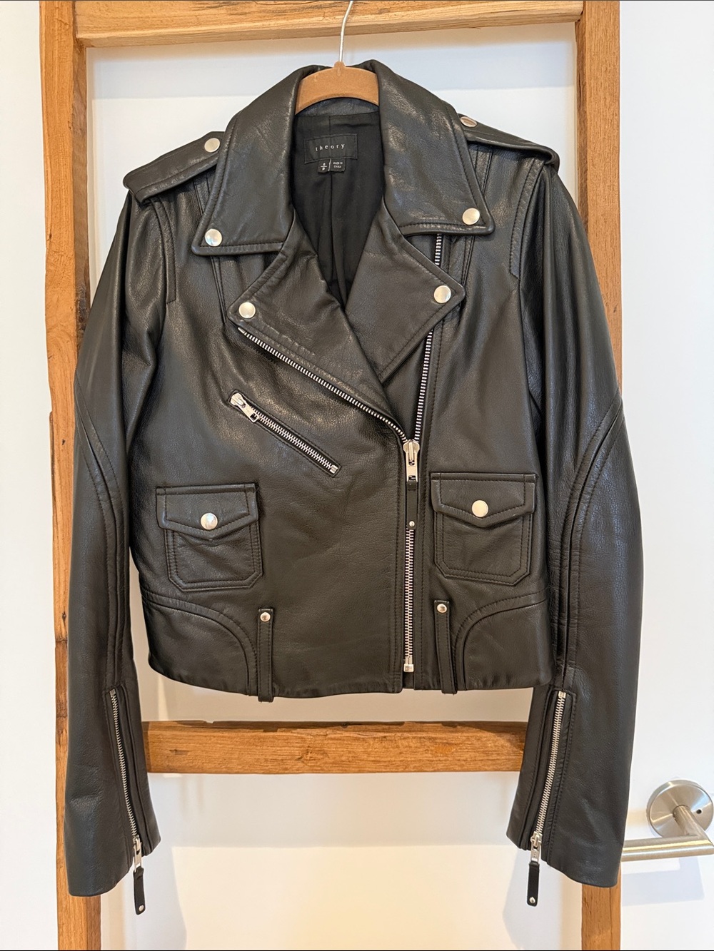 Theory Black Leather Moto Jacket with Silver Hardware